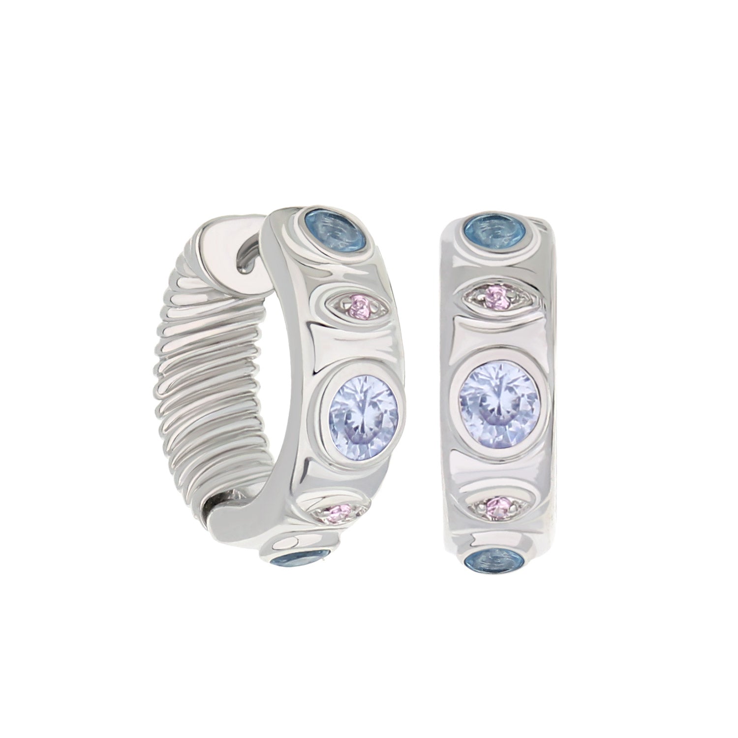 Multi-color huggie earrings by Lauren G Adams with blue pink lavender stones on Tampa Home & Garden Store