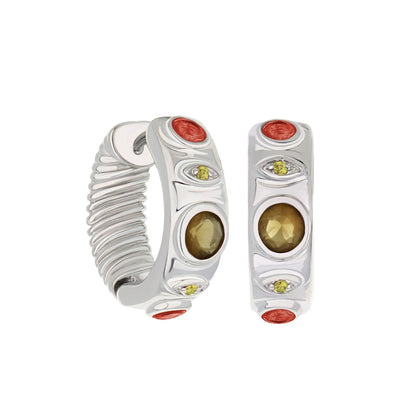 Huggie earrings by Lauren G Adams in silver-tone with red ends and amber center stones on Tampa Home & Garden Store