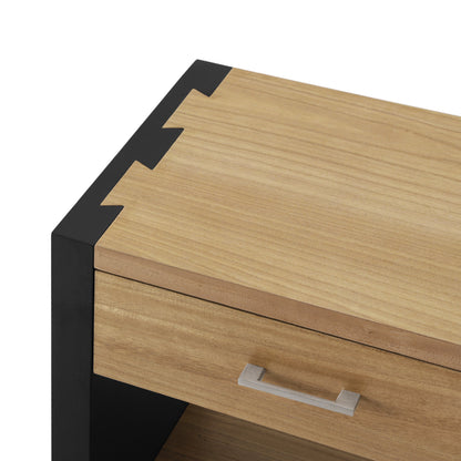 Two-drawer wood nightstand with light oak finish and black metal frame on Tampa Home & Garden Store