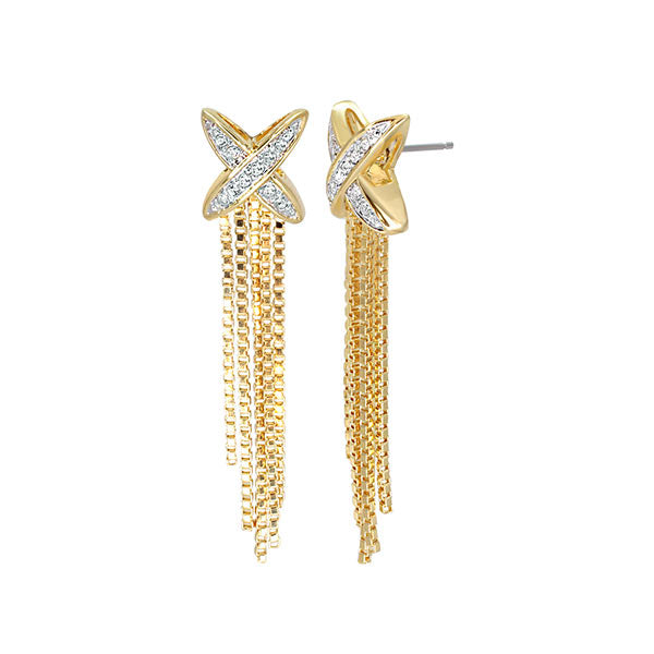 Tassel earrings by Lauren G Adams in gold-tone with crystal X motif and chain fringe on Tampa Home & Garden Store