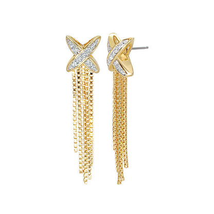 Tassel earrings by Lauren G Adams in gold-tone with crystal X motif and chain fringe on Tampa Home & Garden Store