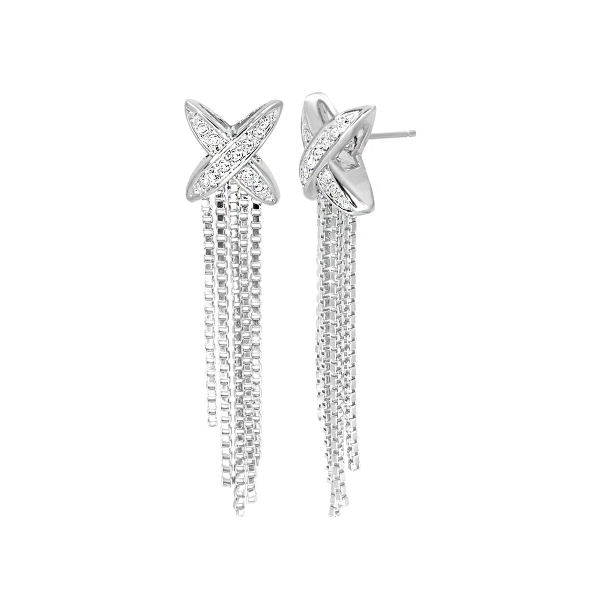 Tassel Earrings by Lauren G Adams in silver tone with crystal X-top and chain tassels on Tampa Home & Garden Store
