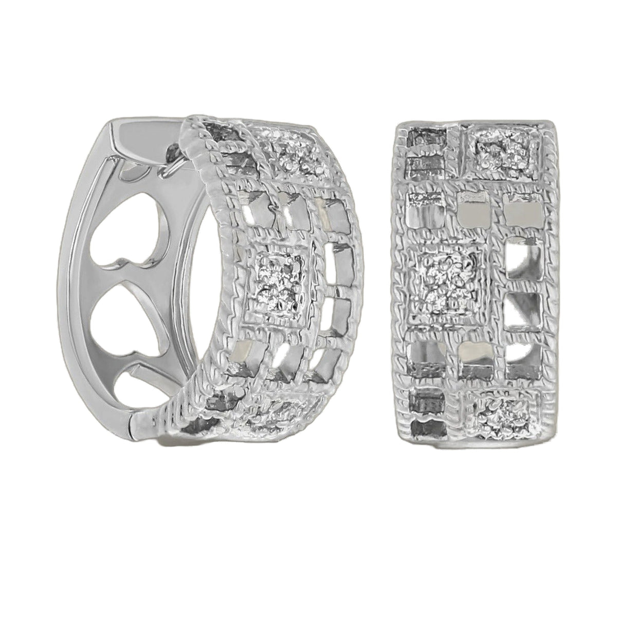 Lga Huggies earrings by Lauren G Adams, textured silver hoops with oval cutouts and pavé squares on Tampa Home & Garden Store