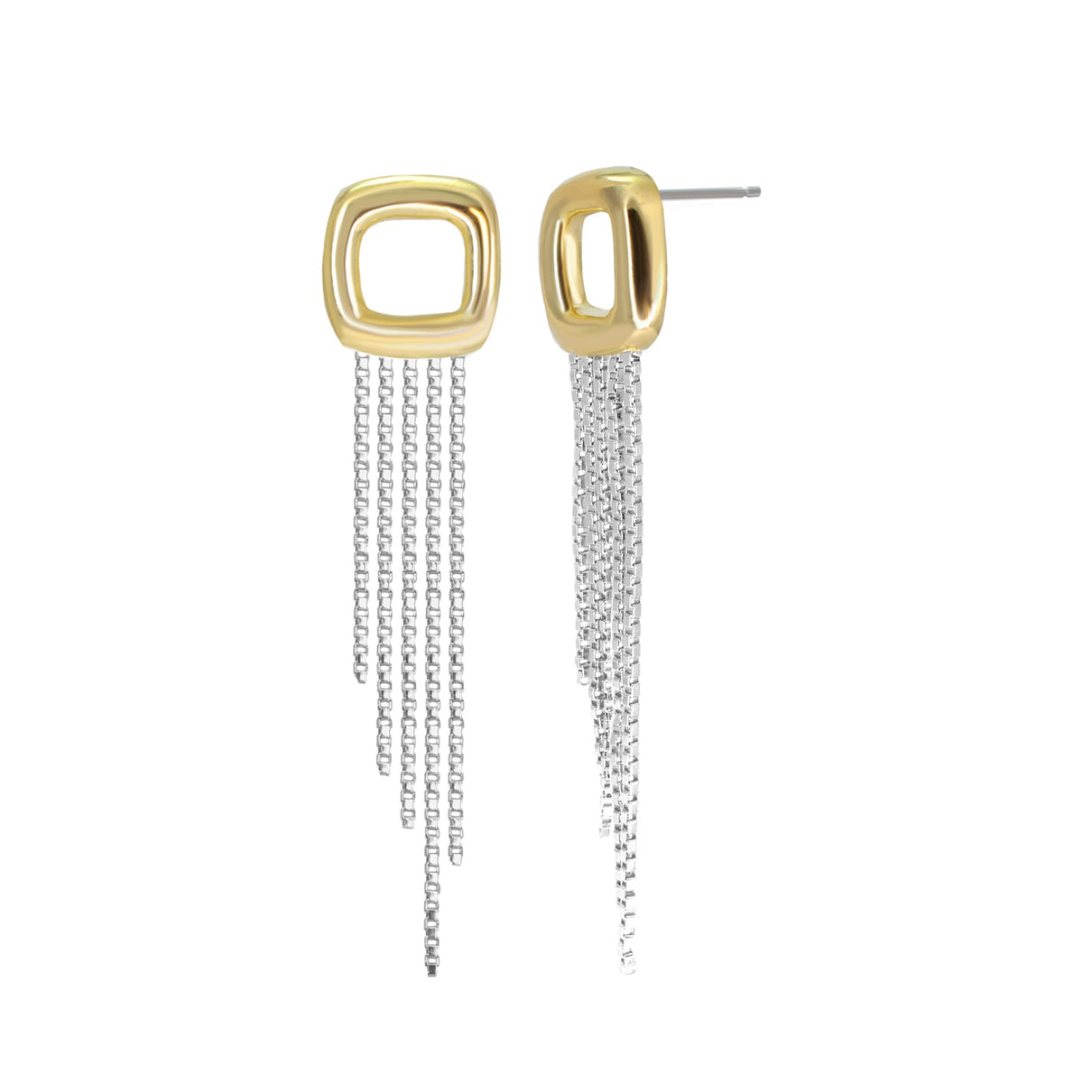 Tassel Earrings chandelier gold square frame with silver chain tassels Lauren G Adams pair on Tampa Home & Garden Store