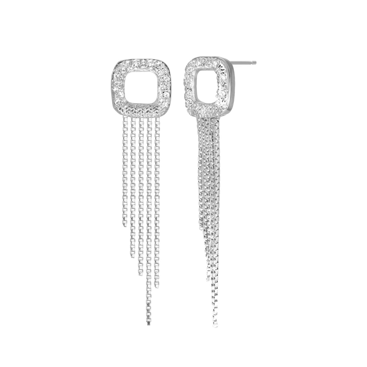 Tassel earrings Lauren G Adams, silver-tone rhinestone square tops with chain tassels on Tampa Home & Garden Store