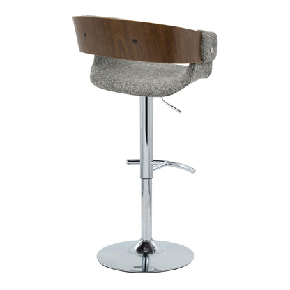 Mid Century Modern adjustable barstool with curved wood back and gray fabric seat on chrome pedestal on Tampa Home & Garden Store