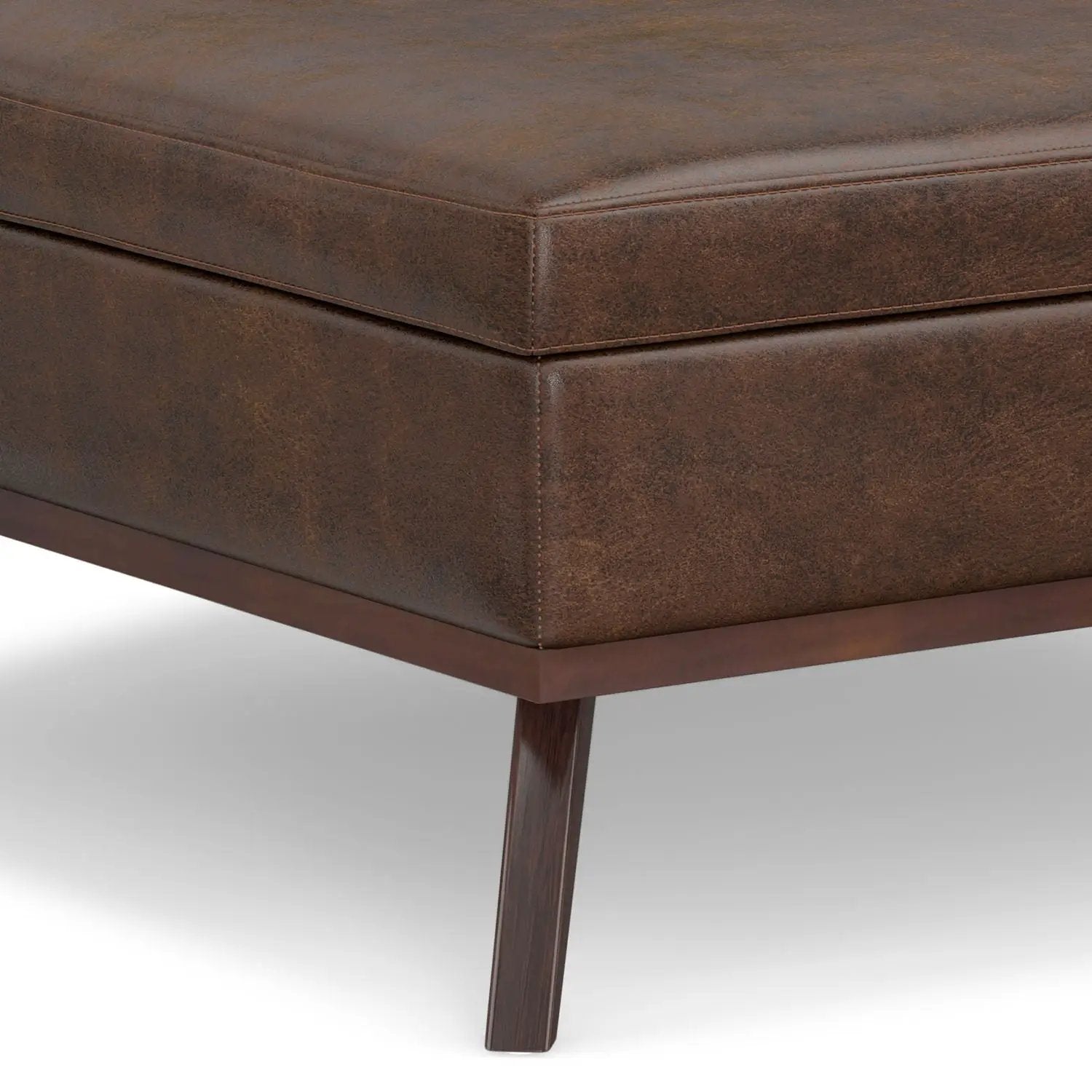 Owen square coffee table storage ottoman in distressed brown leather with stitched edges on Tampa Home & Garden Store