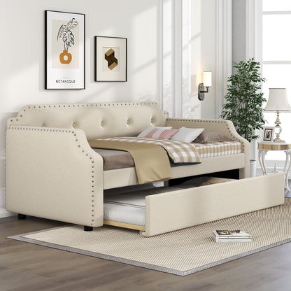 Beige upholstered daybed with trundle, nailhead trim, HouseOfZazla Daybeds on Tampa Home & Garden Store