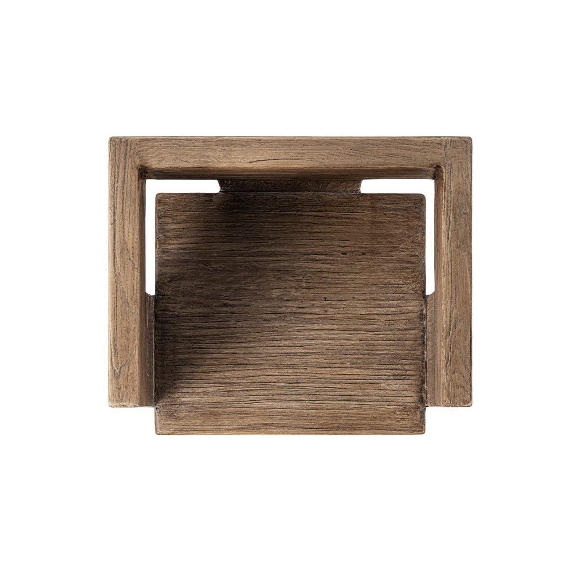 Sculptural Block Accent Chair brown reclaimed elm construction with rectangular frame on Tampa Home & Garden Store