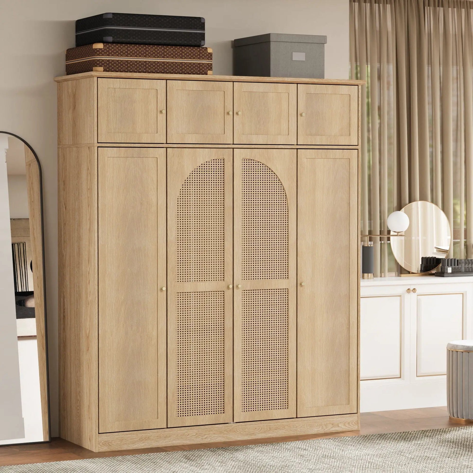 8-door armoire wardrobe with adjustable shelves and hanging rod in light oak finish on Tampa Home & Garden Store