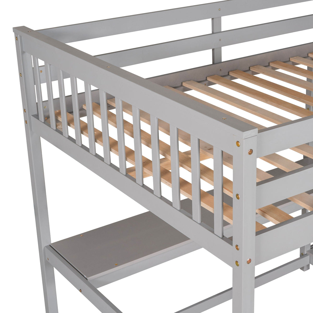 Loft bed with storage shelves and under-bed desk, gray frame on Tampa Home & Garden Store