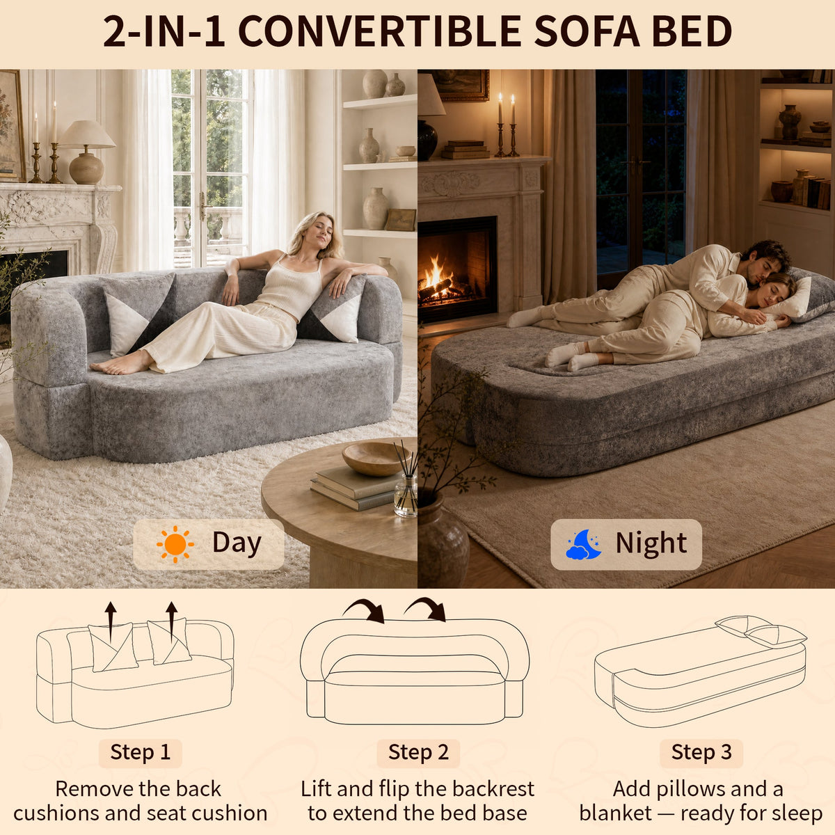 Convertible Eggshell Sofa Bed for Small Spaces