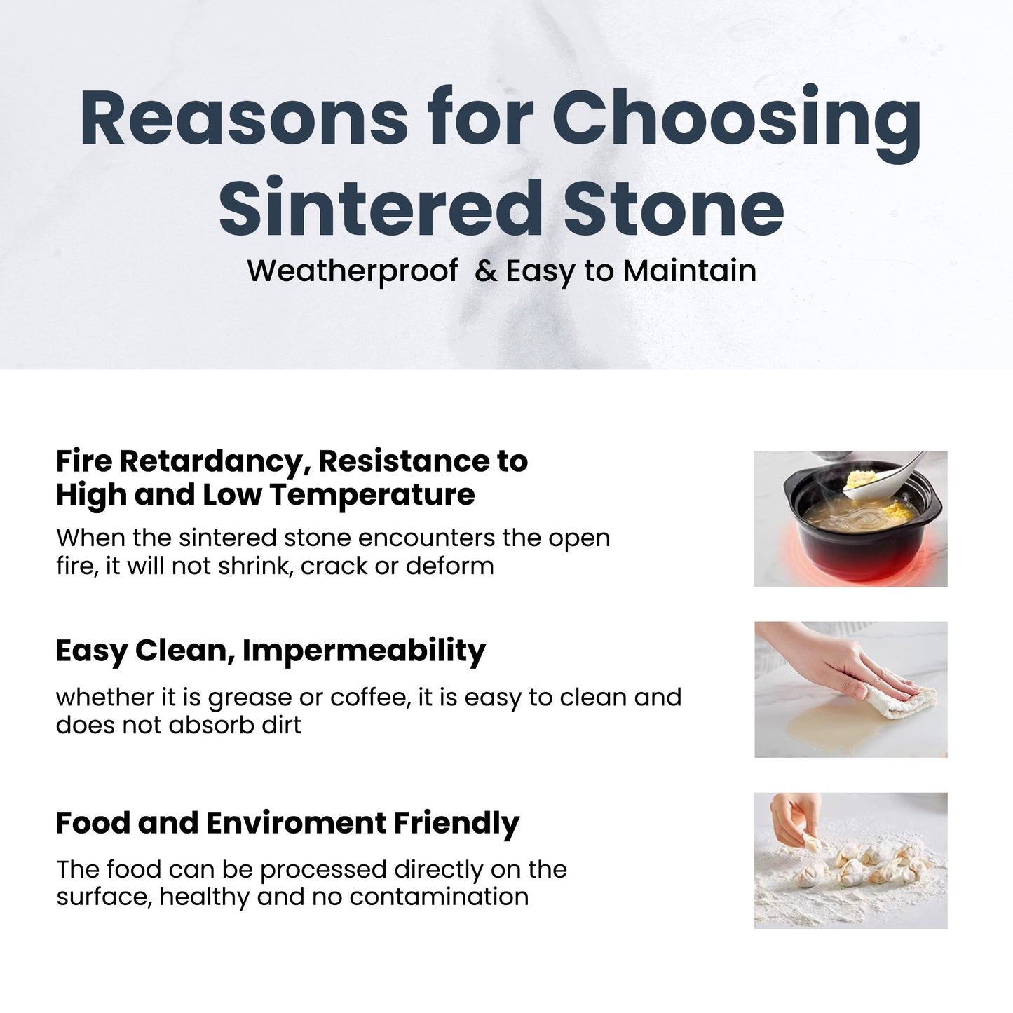 Sintered Stone reasons banner with weatherproof text and right-side thumbnails on Tampa Home & Garden Store