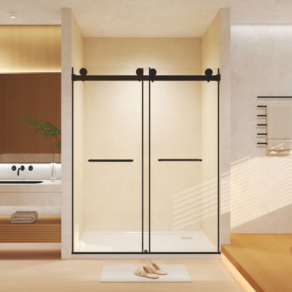 Frameless double sliding shower door with tempered glass in black hardware by HouseOfZazla on Tampa Home & Garden Store