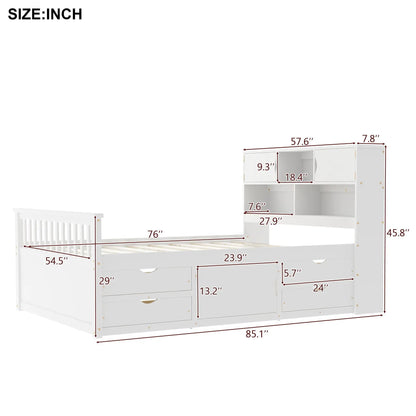 Captain Platform Bed Frame with bookcase headboard, white finish, 4 drawers and storage shelves on Tampa Home & Garden Store