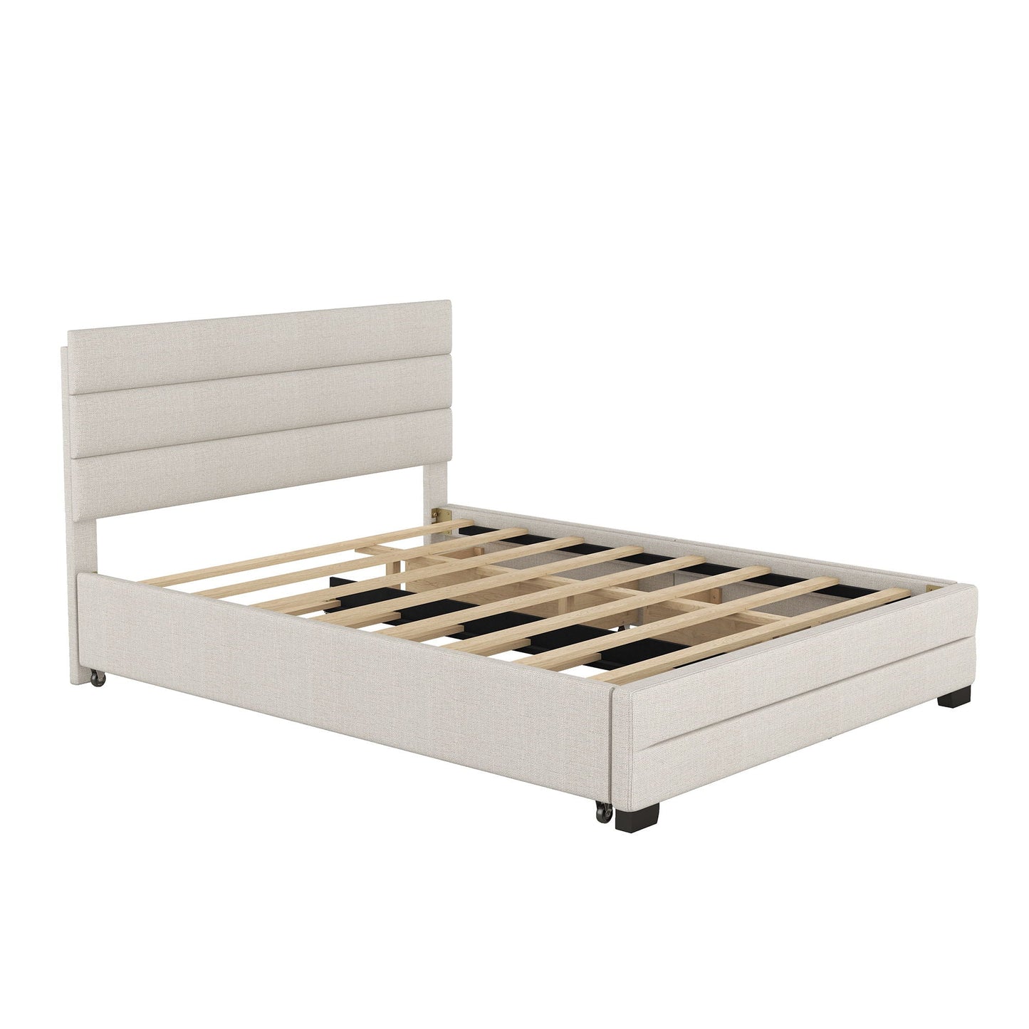 Queen platform bed beige upholstered headboard with three-panel design and wood slat foundation on Tampa Home & Garden Store