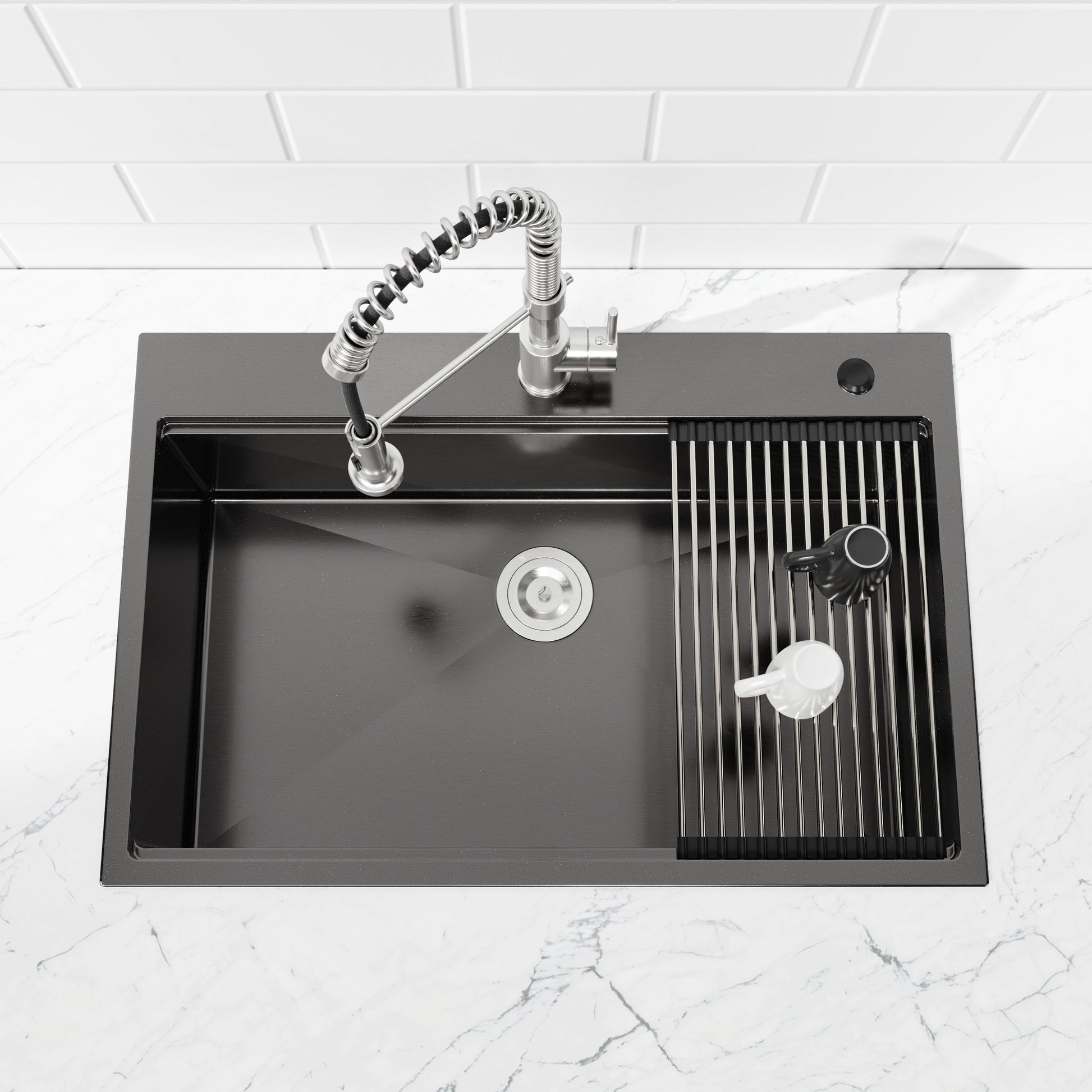 Stainless steel pull-down kitchen faucet with coiled hose over black sink with drain rack on Tampa Home & Garden Store