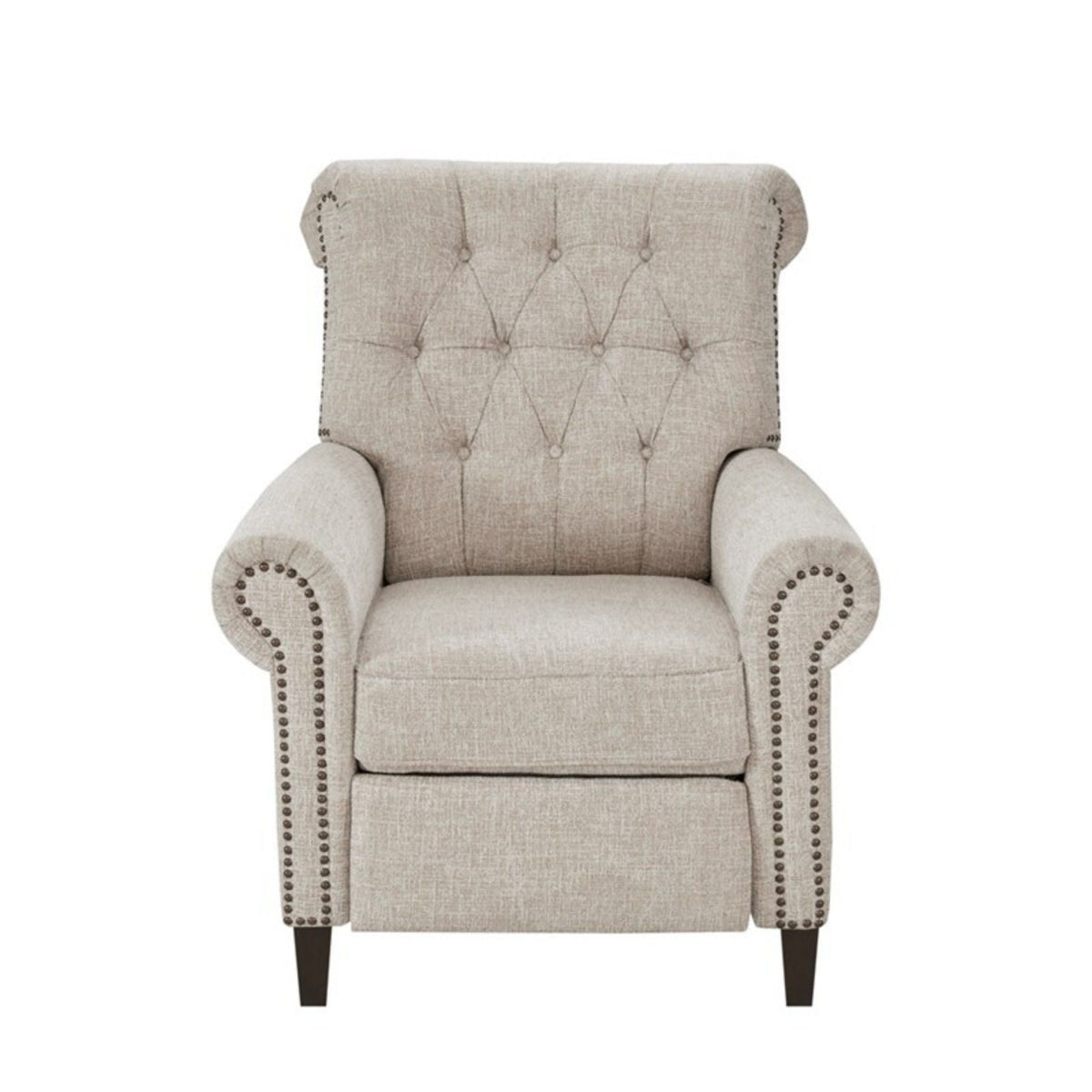 Aidan cream push-back recliner chair with tufted back, nailhead trim, and dark wood legs on Tampa Home & Garden Store
