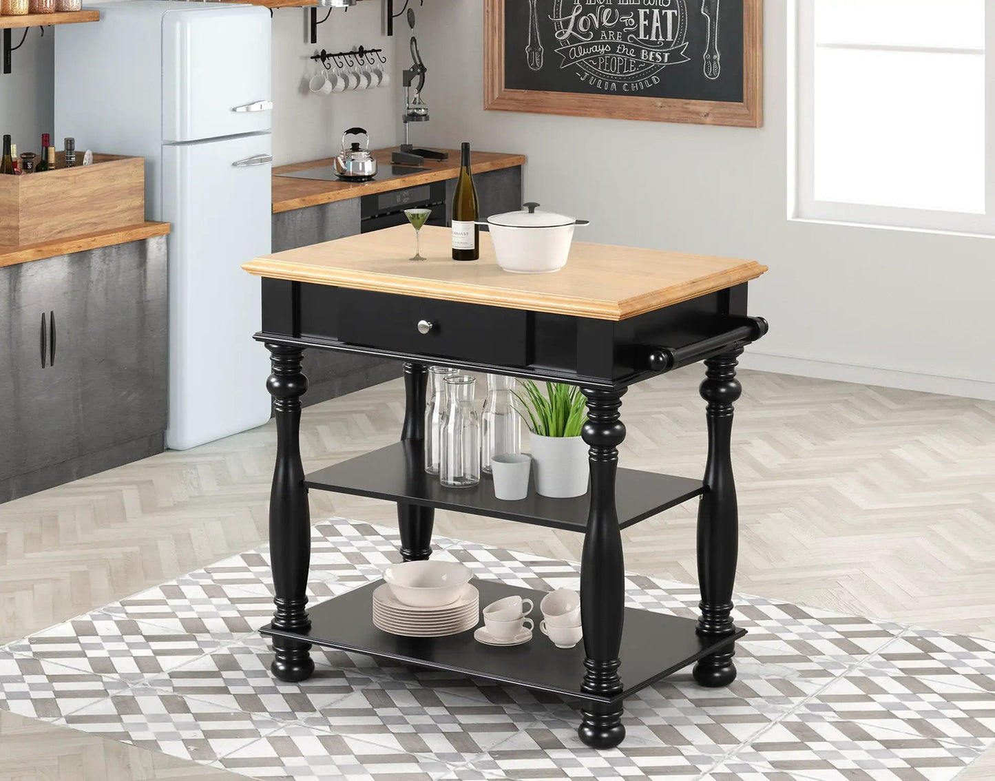 Kitchen Island by Unique Piece Furniture with natural wood top and black base on Tampa Home & Garden Store