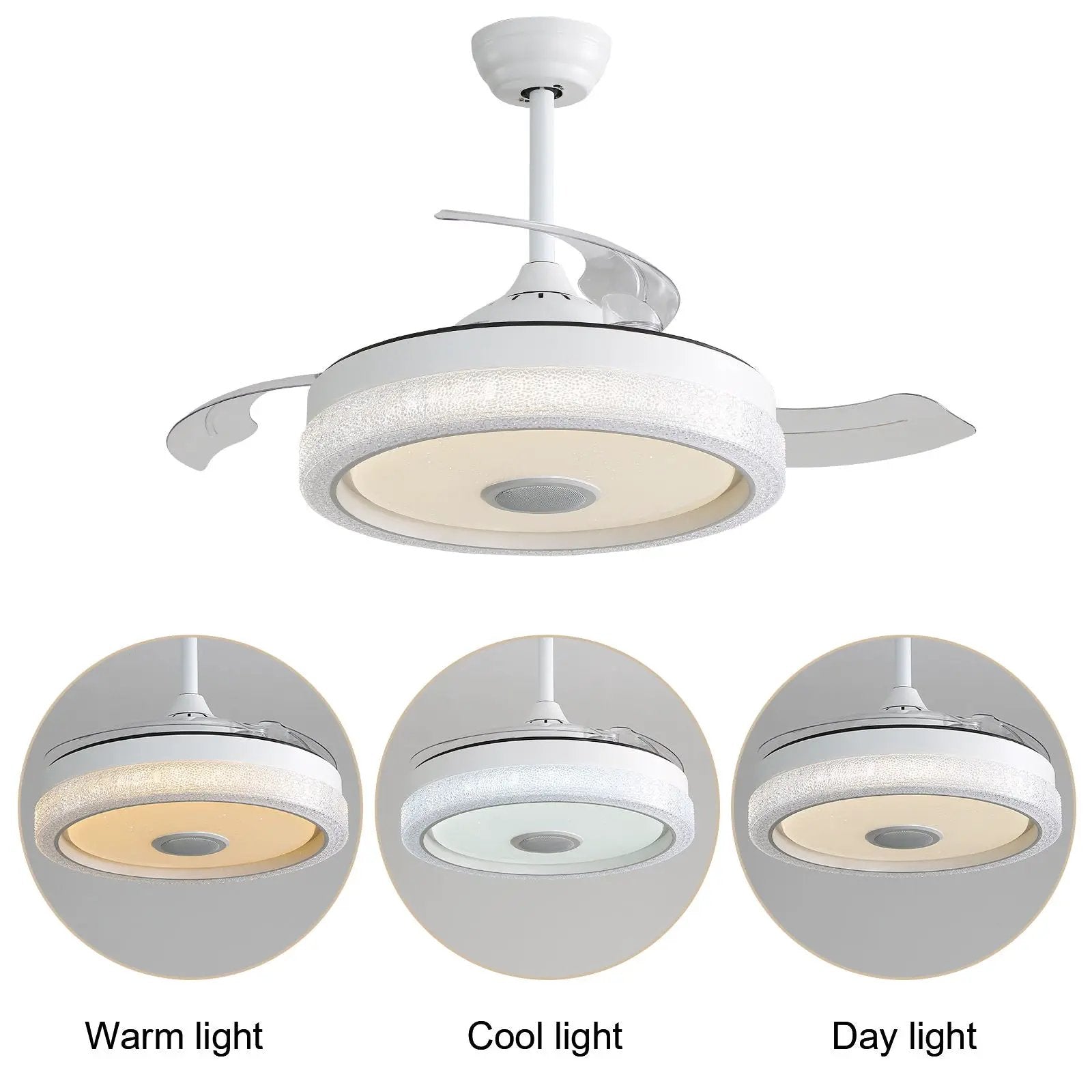 Invisible ceiling fan with remote, white finish, 3 blades, 120V DC motor and 36W LED light on Tampa Home & Garden Store