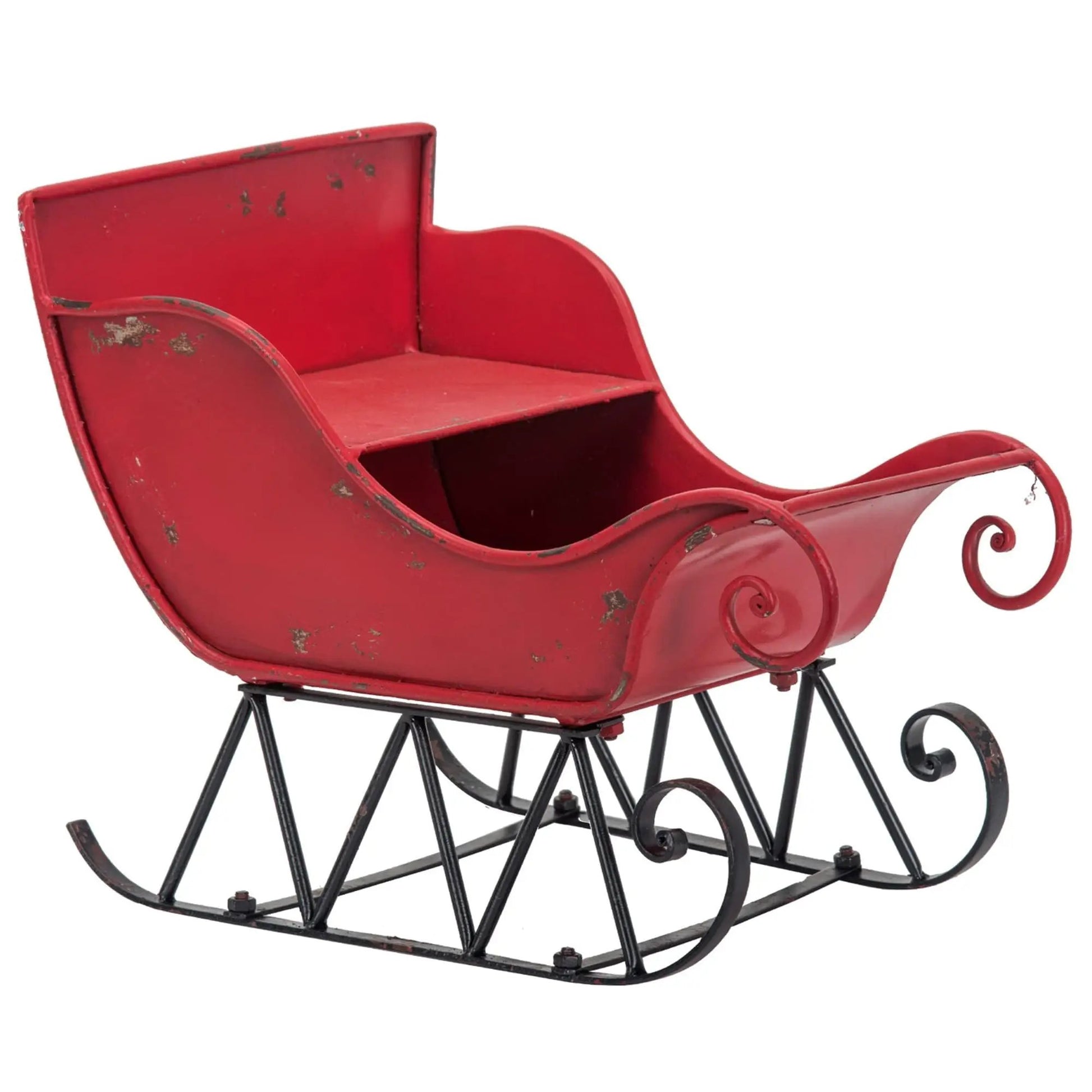Large red iron sleigh Christmas decoration with distressed finish by Unique Piece Furniture on Tampa Home & Garden Store