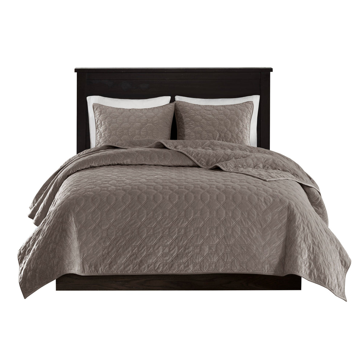 3 Piece Velvet Quilt Set Taupe Full/Queen by HouseOfZazla with quilted hex pattern on Tampa Home & Garden Store