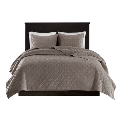 3 Piece Velvet Quilt Set Taupe Full/Queen by HouseOfZazla with quilted hex pattern on Tampa Home & Garden Store