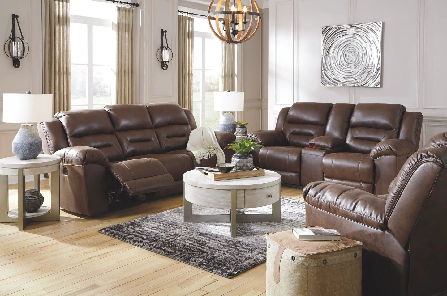 Stoneland reclining living room set in brown leather with plush seating on Tampa Home & Garden Store