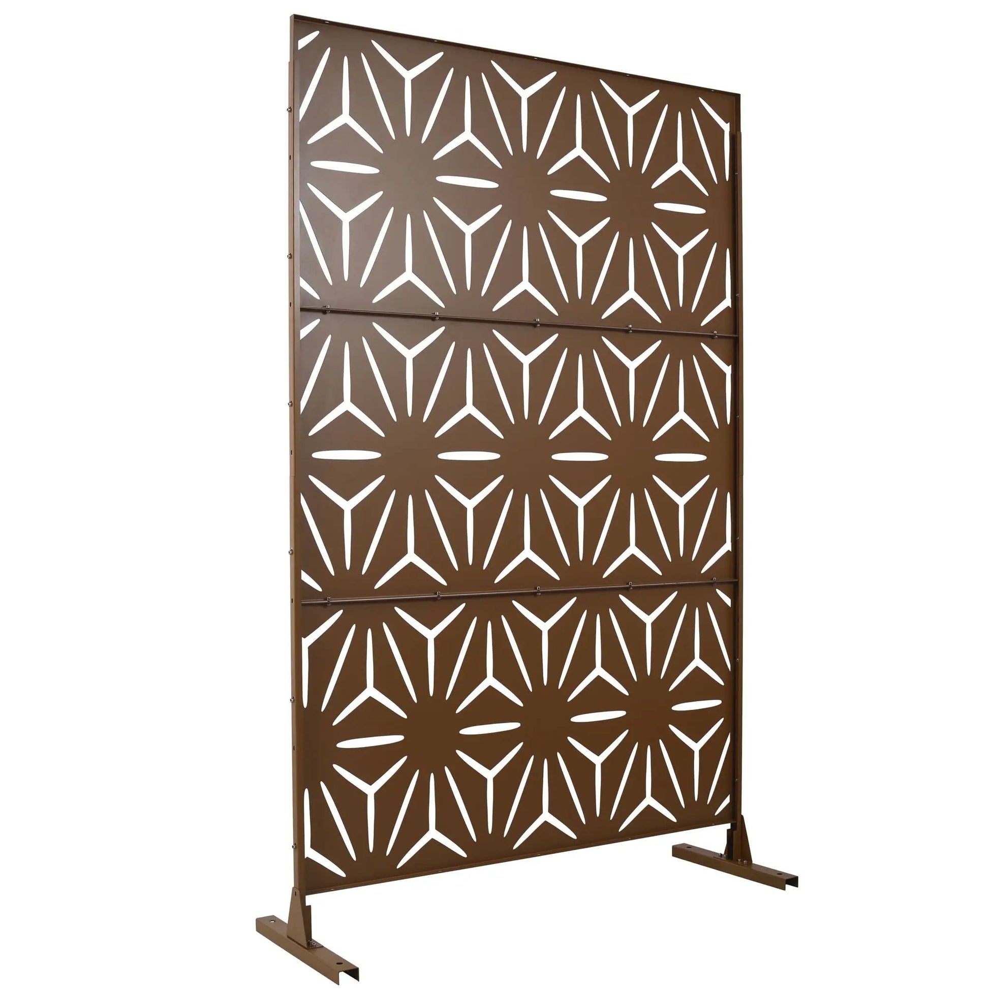 Two-panel brown metal privacy screen with geometric starburst cutouts, freestanding room divider on Tampa Home & Garden Store