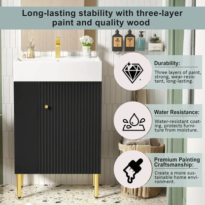 Bathroom vanity with white ceramic sink atop black ribbed storage cabinet, gold legs on Tampa Home & Garden Store