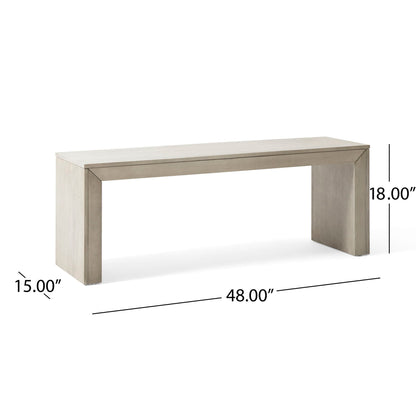 Acacia wood outdoor dining bench, farmhouse style, light gray finish, HouseOfZazla on Tampa Home & Garden Store