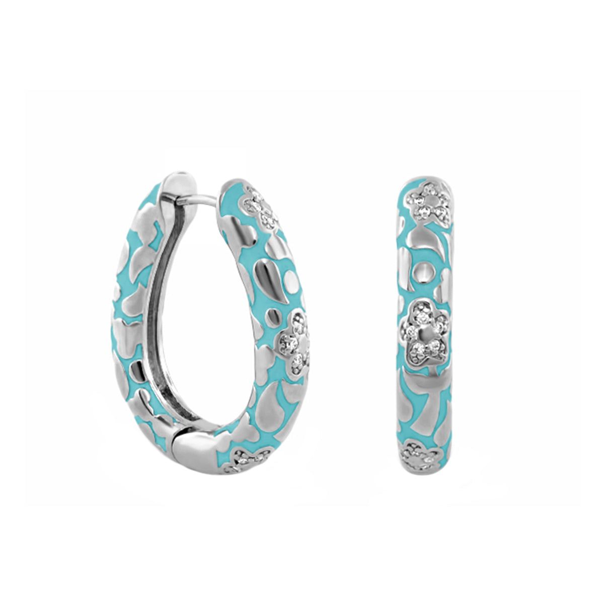 Earrings Flowers by Orly Pavé Flower Oval Hoop pair turquoise enamel with silver pavé flowers on Tampa Home & Garden Store