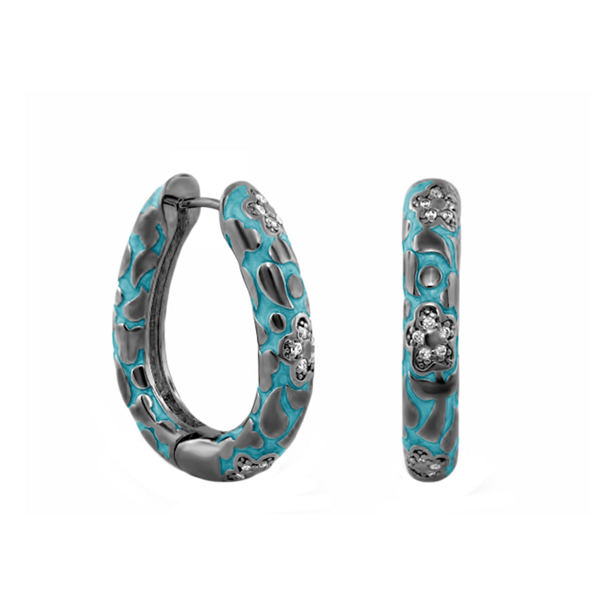 Earrings Pavé Flower Oval Hoop in turquoise enamel and silver with floral accents on Tampa Home & Garden Store