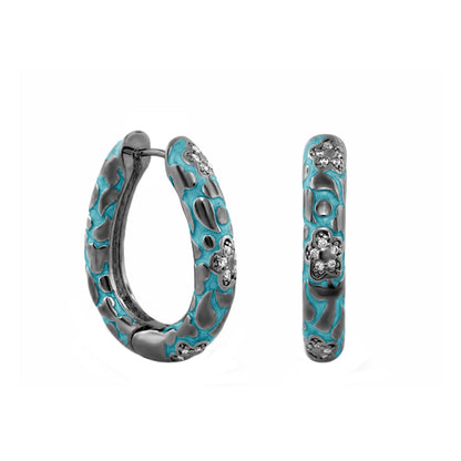 Earrings Pavé Flower Oval Hoop in turquoise enamel and silver with floral accents on Tampa Home & Garden Store