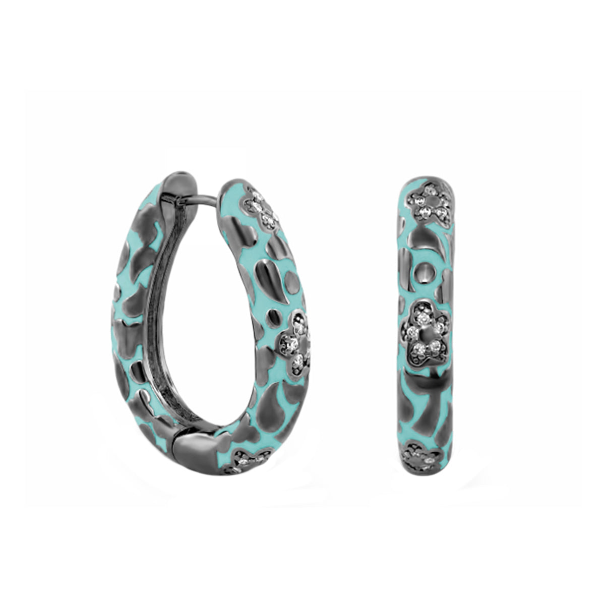 Pavé Flower Oval Hoop Earrings turquoise enamel with silver accents pair Lauren G Adams on Tampa Home & Garden Store