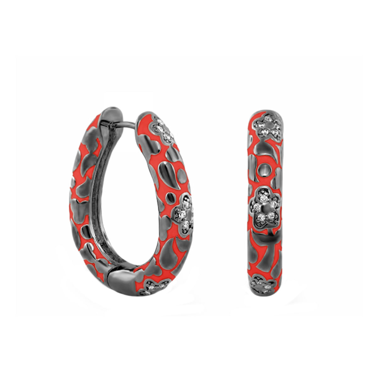 Pair of Pavé Flower Oval Hoop earrings in red enamel with crystal accents by Lauren G Adams on Tampa Home & Garden Store
