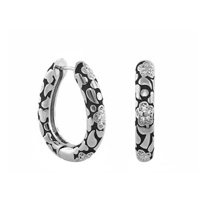 Pavé Flower Oval Hoop earrings in black enamel with silver floral accents, Lauren G Adams on Tampa Home & Garden Store