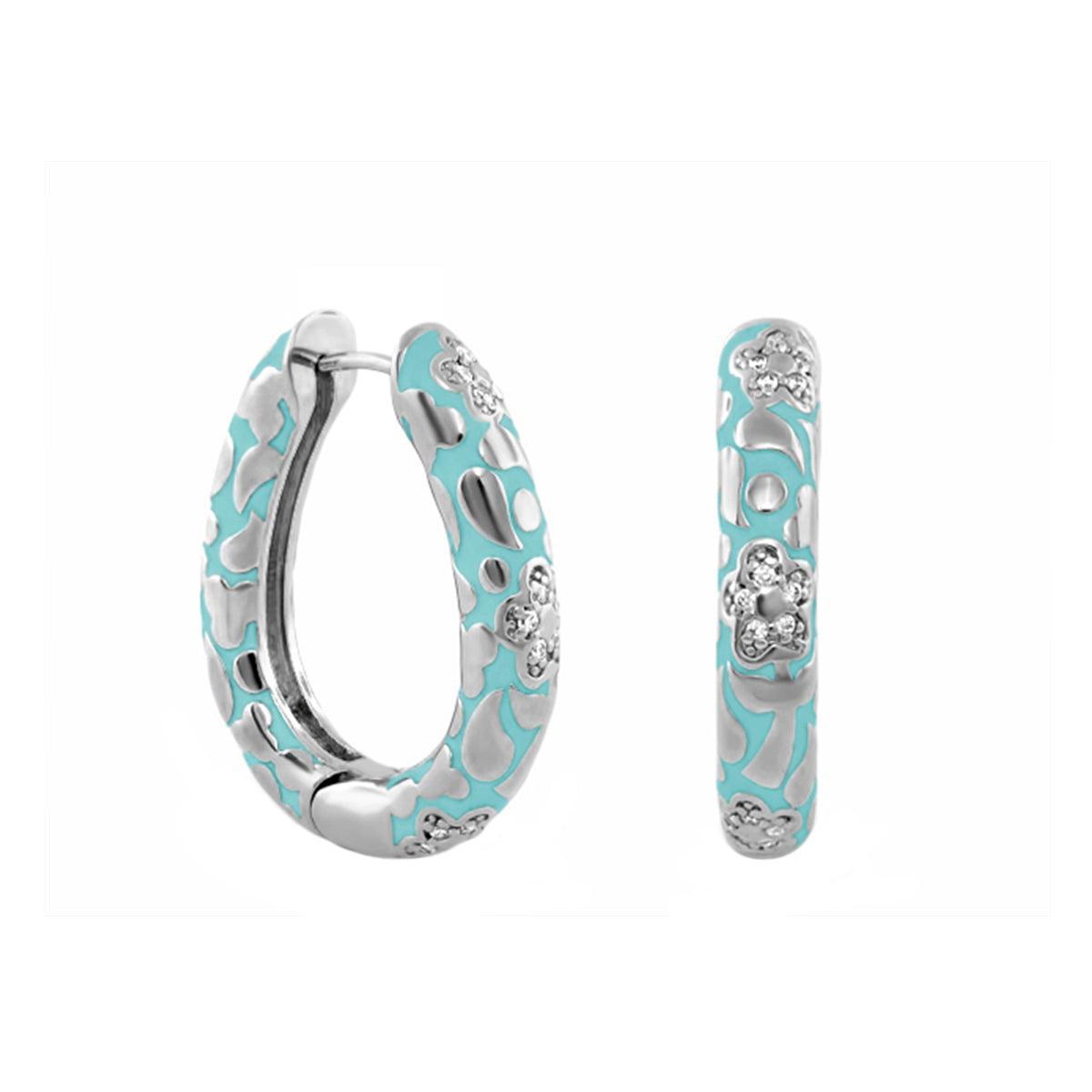 Pavé Flower Oval Hoop earrings in turquoise enamel with silver floral pavé accents on Tampa Home & Garden Store