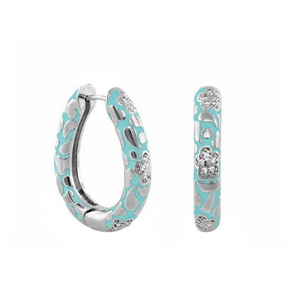 Pavé Flower Oval Hoop earrings in turquoise enamel with silver floral pavé accents on Tampa Home & Garden Store