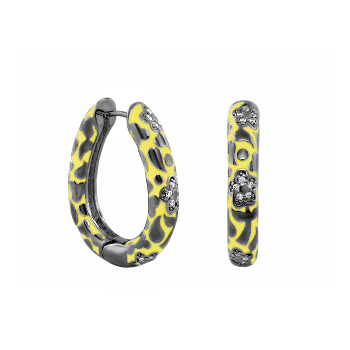 Flowers by Orly Pavé Flower Oval Hoop earrings yellow enamel with silver and pavé flowers on Tampa Home & Garden Store