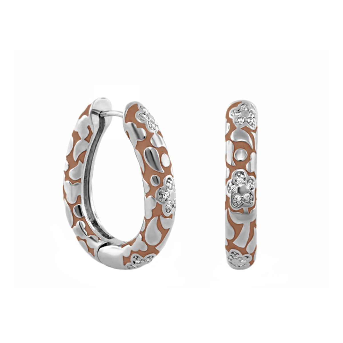 Pavé Flower Oval Hoop earrings Lauren Adams silver brown camo enamel pavé flowers 1 pair on Tampa Home & Garden Store