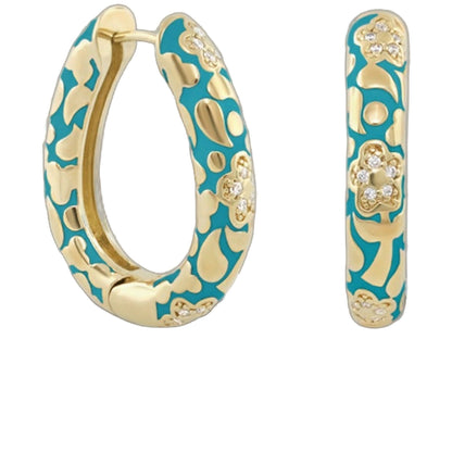 Pavé flower oval hoop earrings pair Lauren G Adams turquoise enamel gold-tone with diamonds on Tampa Home & Garden Store