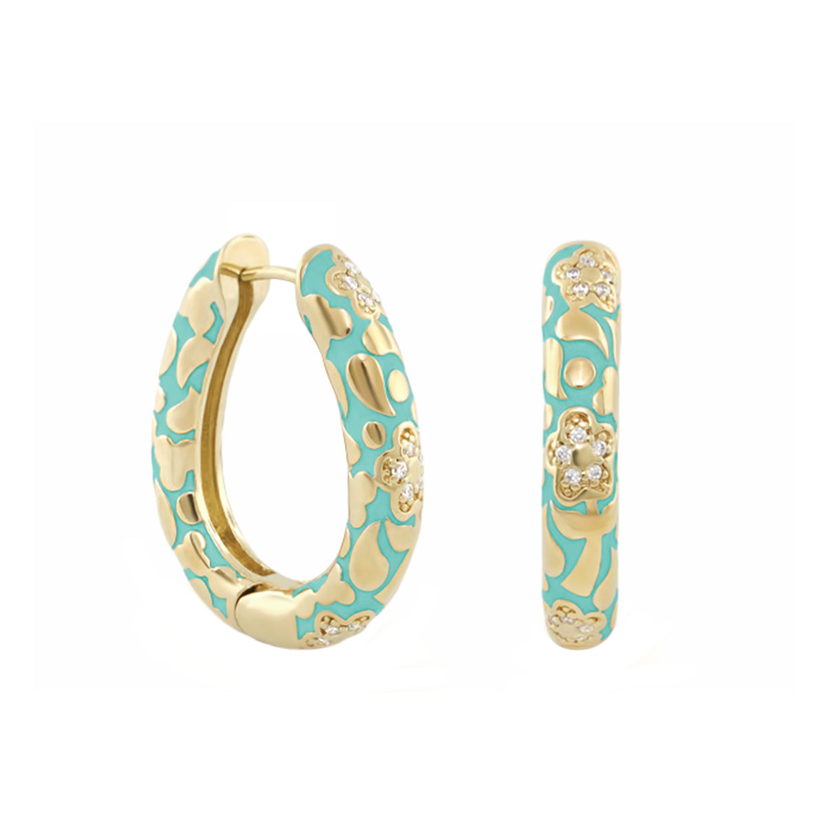 Flowers by Orly Pavé Flower Oval Hoop earrings in turquoise enamel with gold pavé accents on Tampa Home & Garden Store