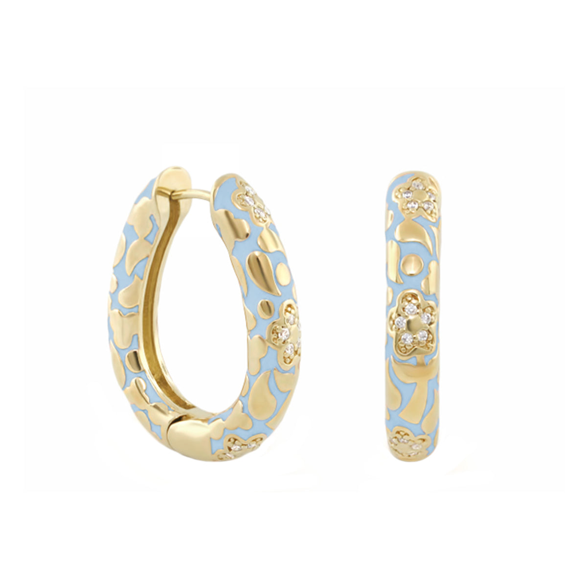 Pavé Flower Oval Hoop earrings in blue enamel with gold floral accents and crystals by Lauren G Adams on Tampa Home & Garden Store