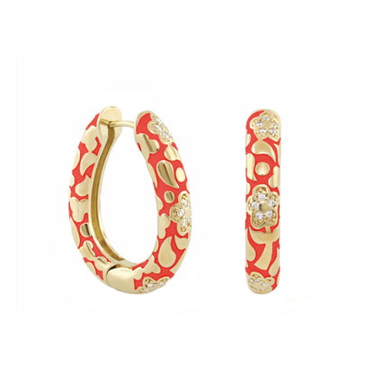 Pavé Flower Oval Hoop earrings in red enamel with gold-tone floral accents, Lauren G Adams on Tampa Home & Garden Store