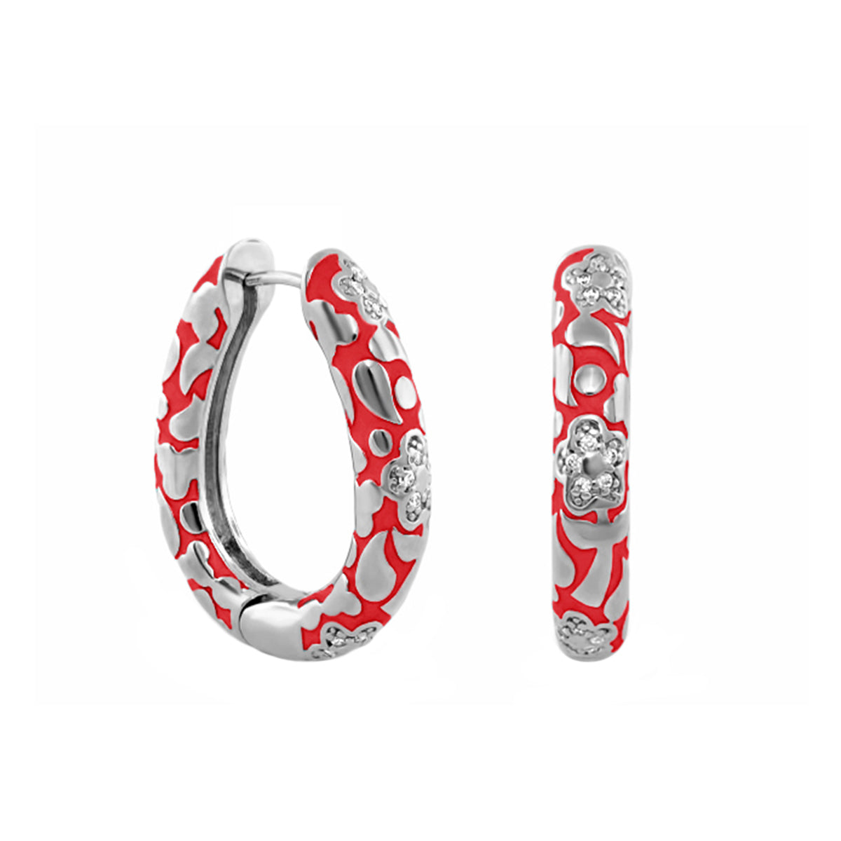 Flowers by Orly Pavé Flower Oval Hoop earrings, red enamel with silver pavé floral accents by Lauren G Adams on Tampa Home & Garden Store