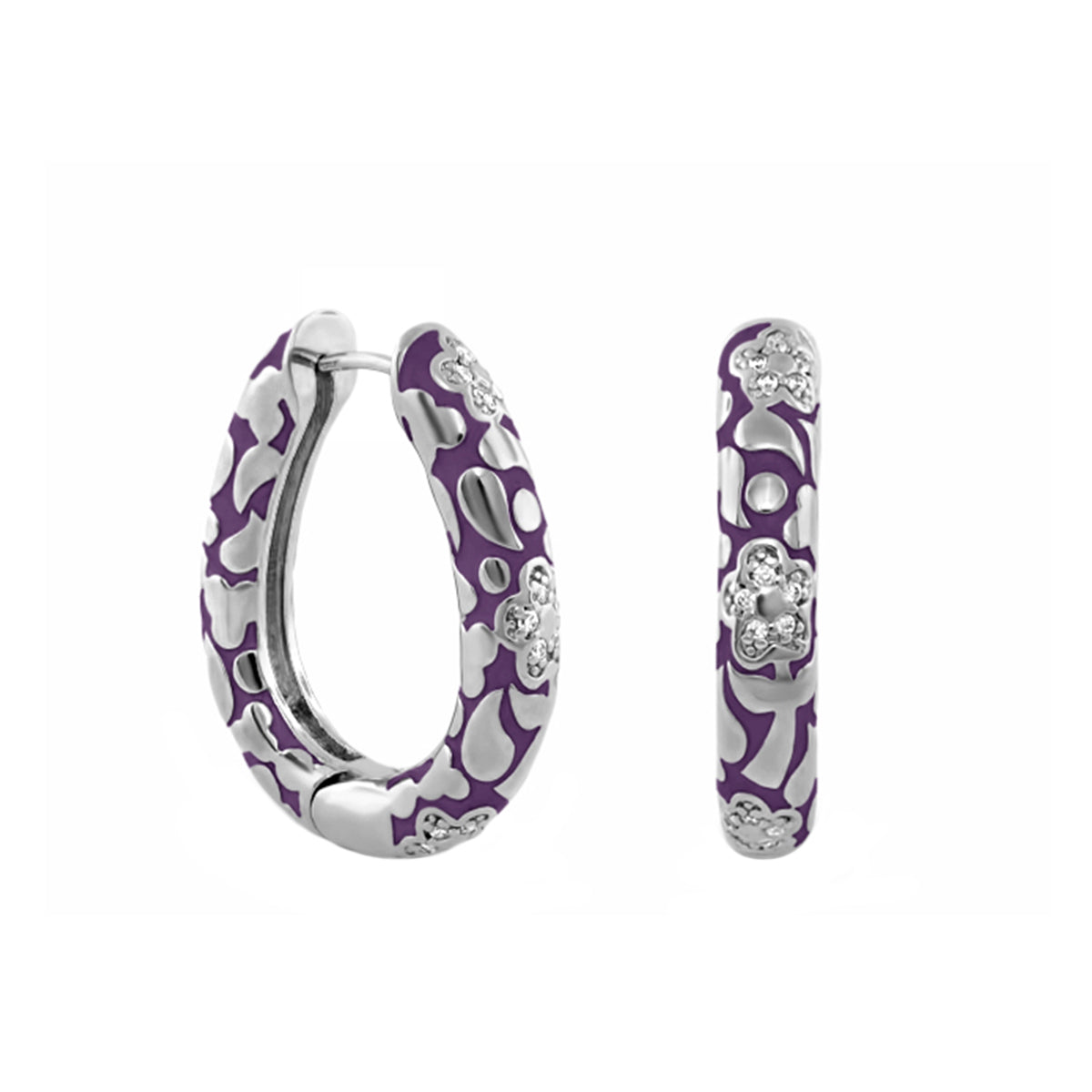 Pavé Flower Oval Hoop earrings by Lauren G Adams, purple enamel with silver pavé florals on Tampa Home & Garden Store