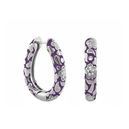 Pavé Flower Oval Hoop earrings by Lauren G Adams, purple enamel with silver pavé florals on Tampa Home & Garden Store