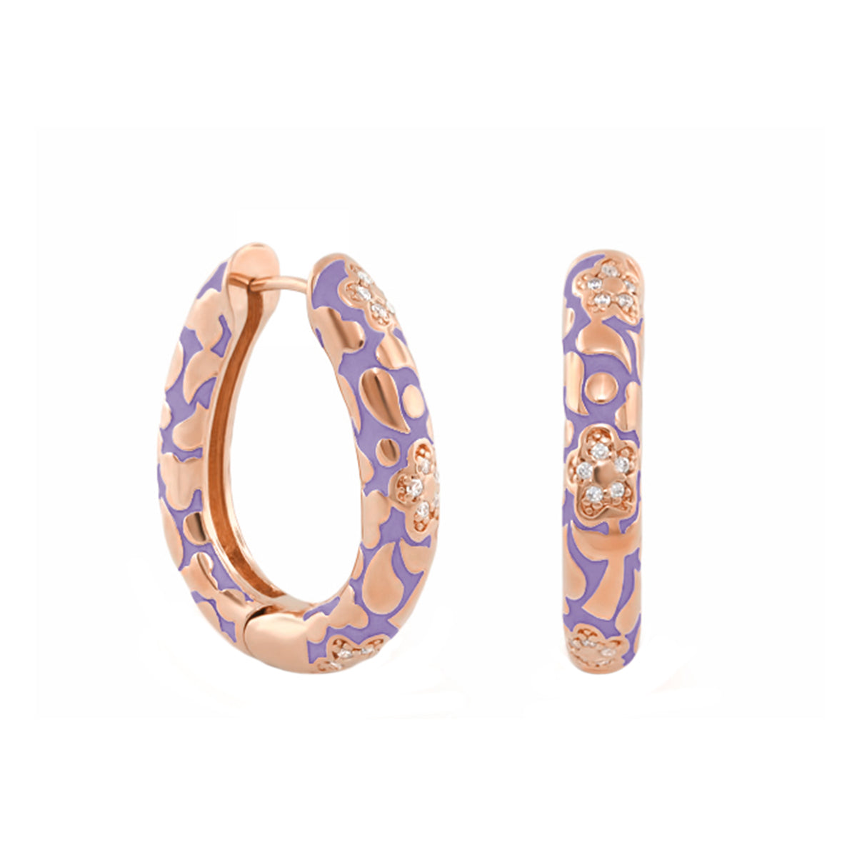 Pavé Flower Oval Hoop earrings in rose gold with purple enamel and crystal flowers; 2pc on Tampa Home & Garden Store