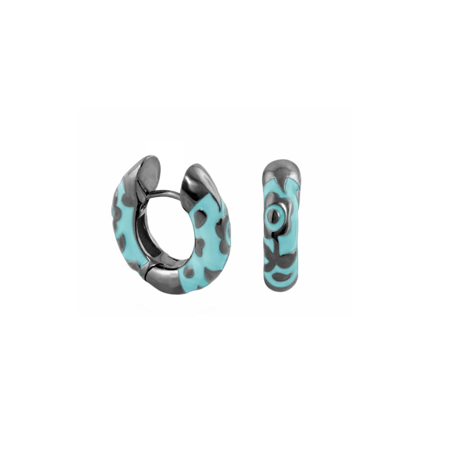 Contrast Flower Huggie earrings pair turquoise enamel with gray spots, silver hoops on Tampa Home & Garden Store